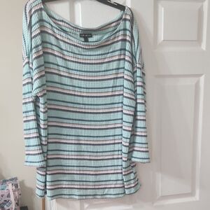 Lane Bryant Mint, Pink, White & Blue Striped Ribbed Knit Top 3/4 Sleeve